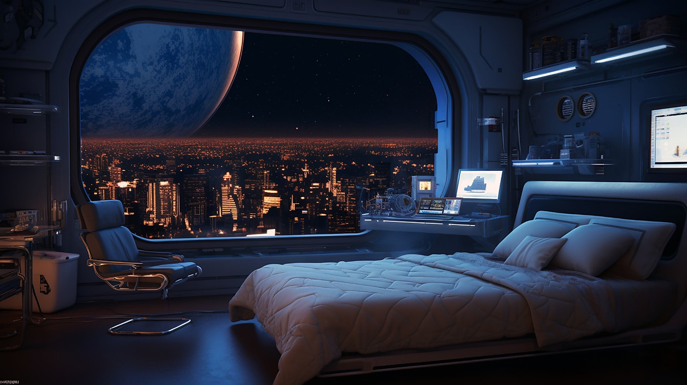De slaapkamer van de fantasie in metropool op onbekende planeet
