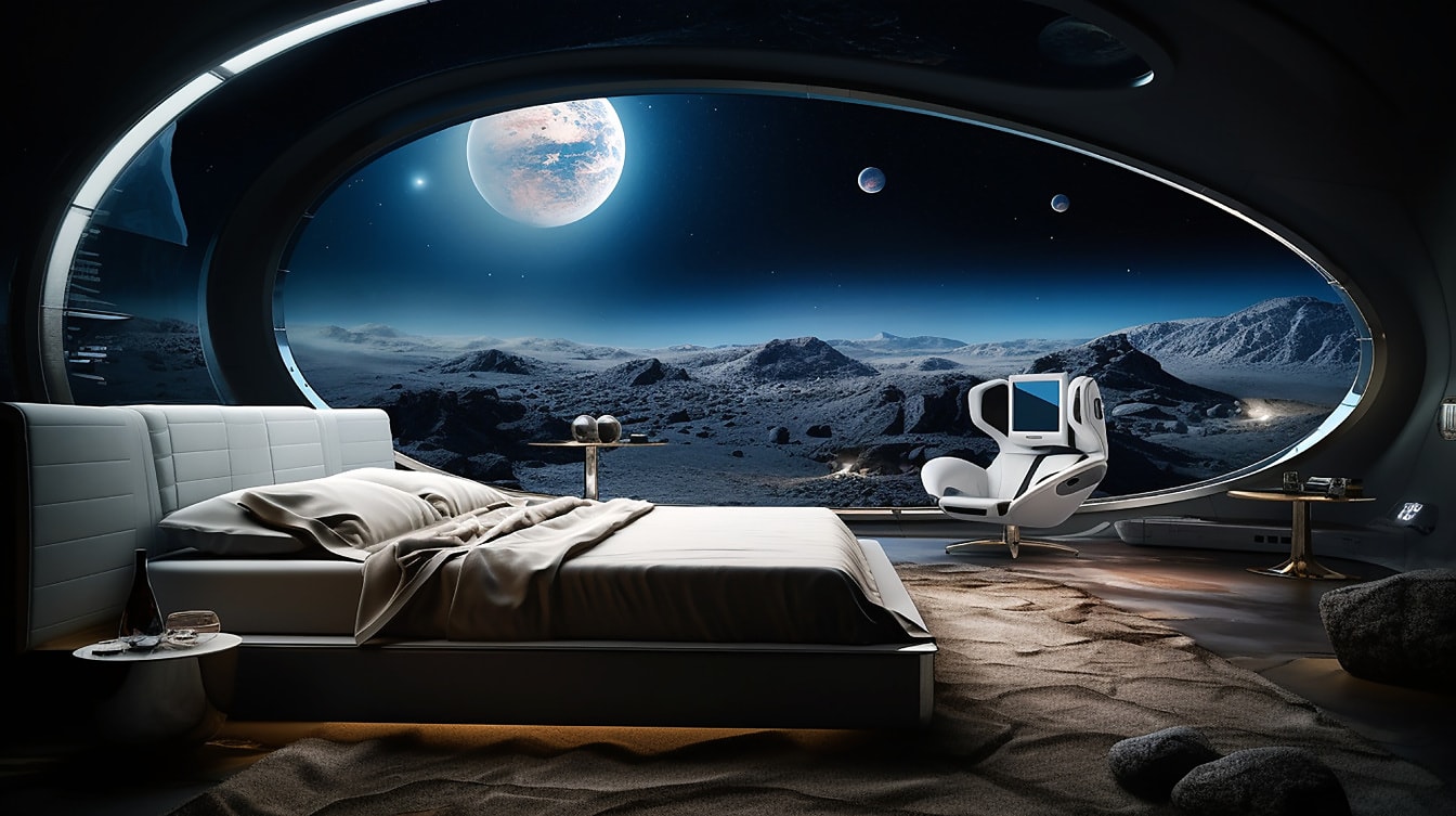 Interior futurista de la sala de estar de una nave espacial en una misión de programa espacial