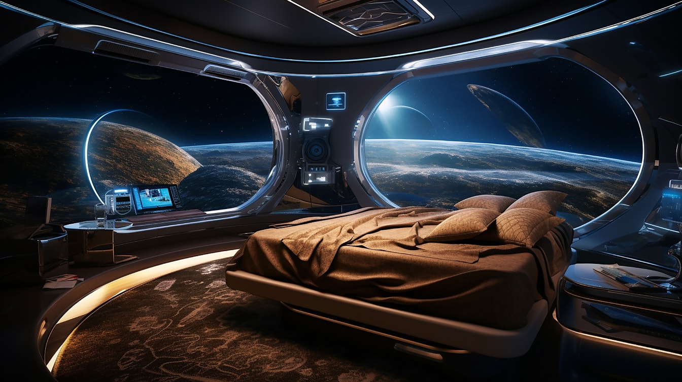 All’interno del soggiorno moderno sulla navetta spaziale nell’universo