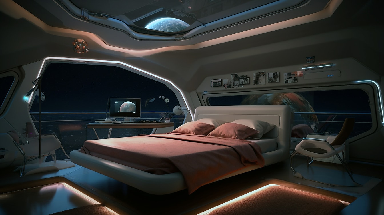 Futuristic bedroom interior decoration of spacecraft in universe