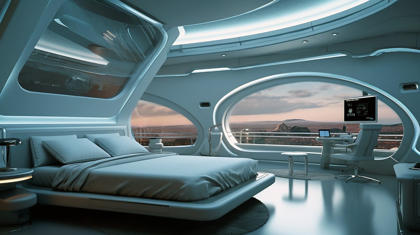 Decorarea interioară minimalistă a dormitorului pe naveta spațială
