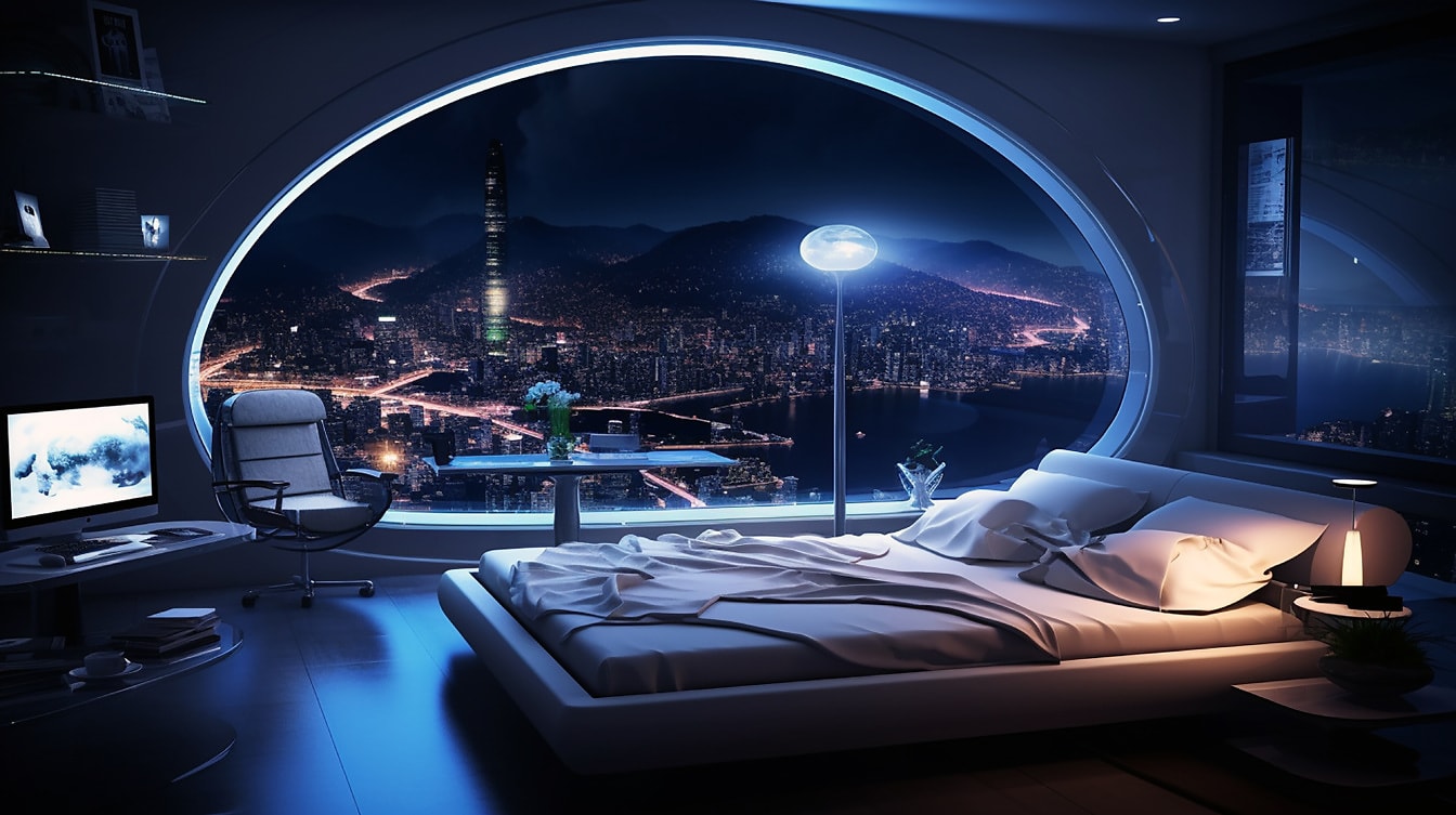 Футуристичен луксозен интериор на спалня в метрополис в нощница
