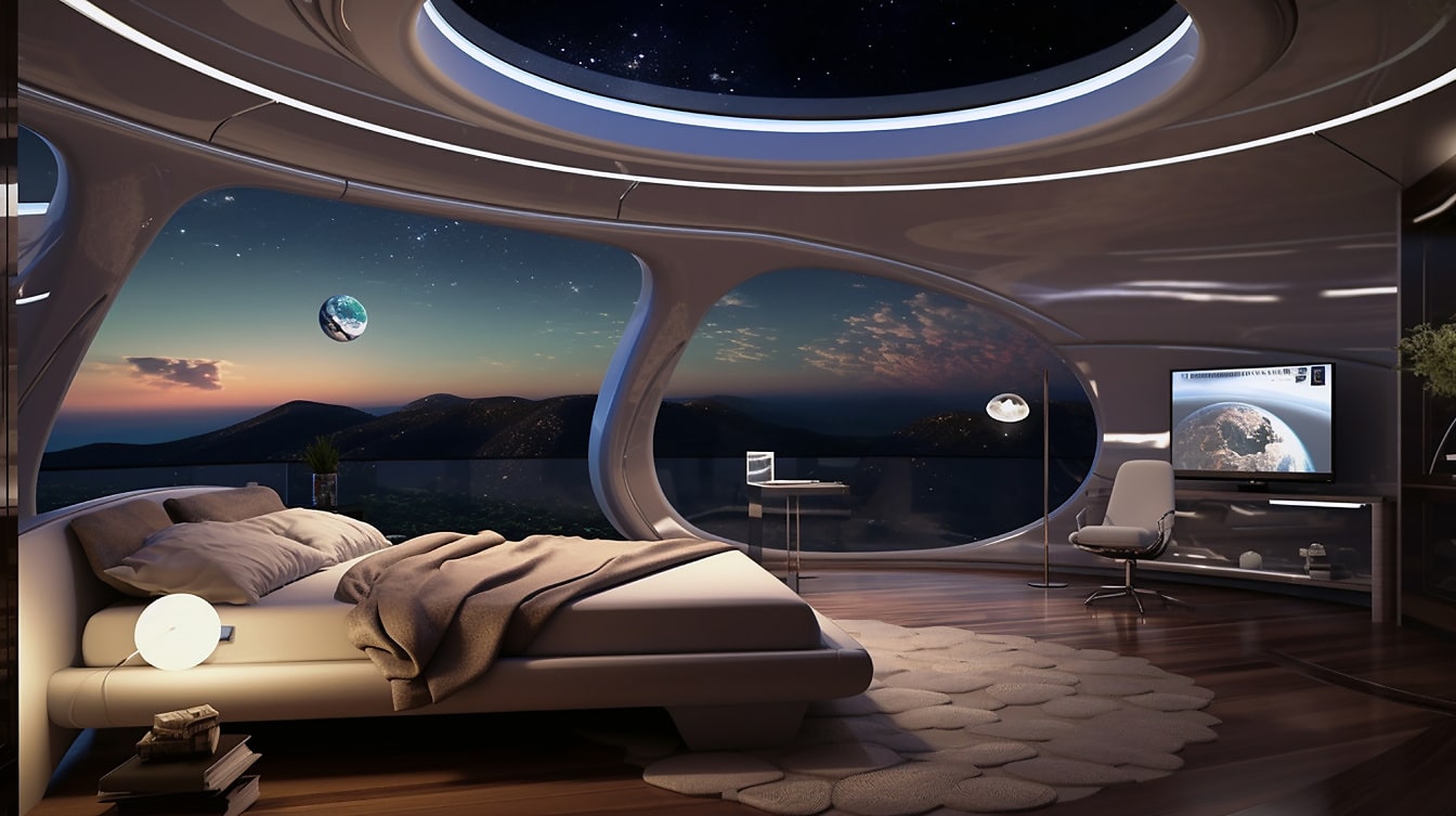 Design interior futurist al dormitorului pe planeta fantastică