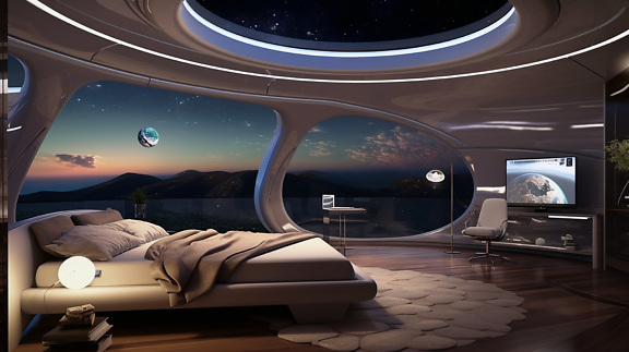 futurist, interior design, dormitor, planeta, fantezie, moderne, pat