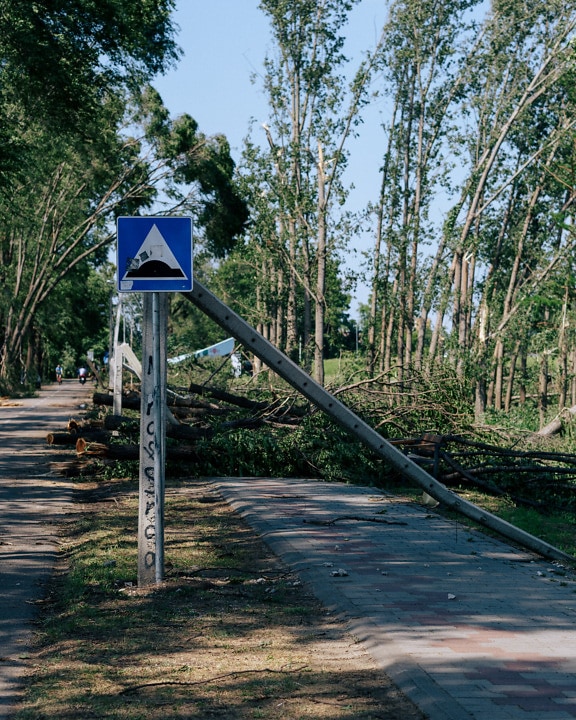 Barrière endommagée par l’ouragan sur une route et un trottoir asphaltés