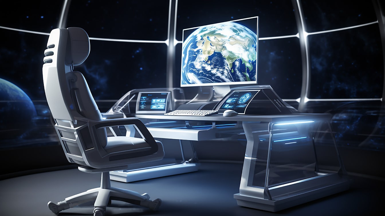 Fotomontage av kontrollrummets skrivbord i rymdfärjan