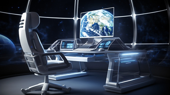 fotomontage, skrivebord, kontrolrum, rumprogram, rumfærge, computer, bærbar computer