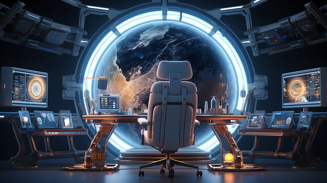 Interior futurista da sala de controle no espaço fechado