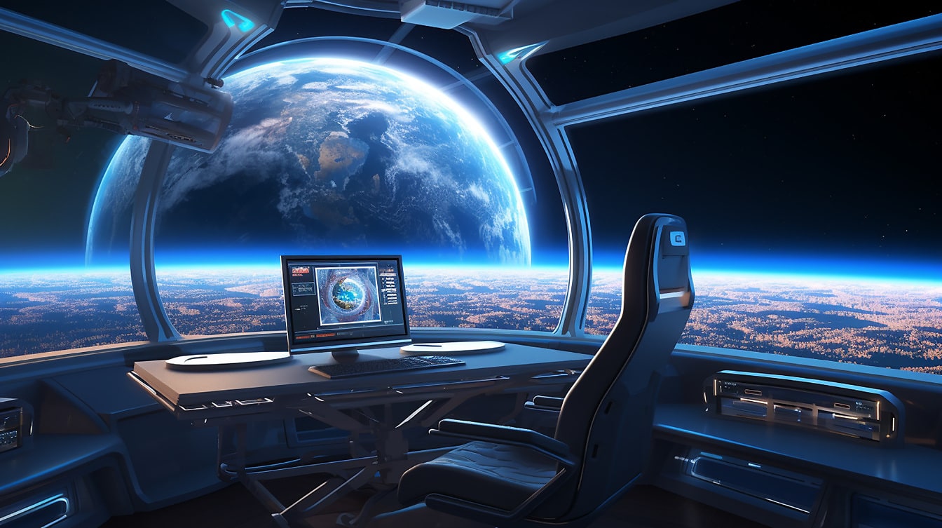 Futuristic space shuttle control room in spacecraft in orbit