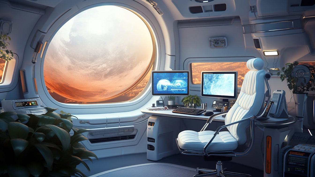 Futuristický interiér místnosti raketoplánu na průzkumu Marsu