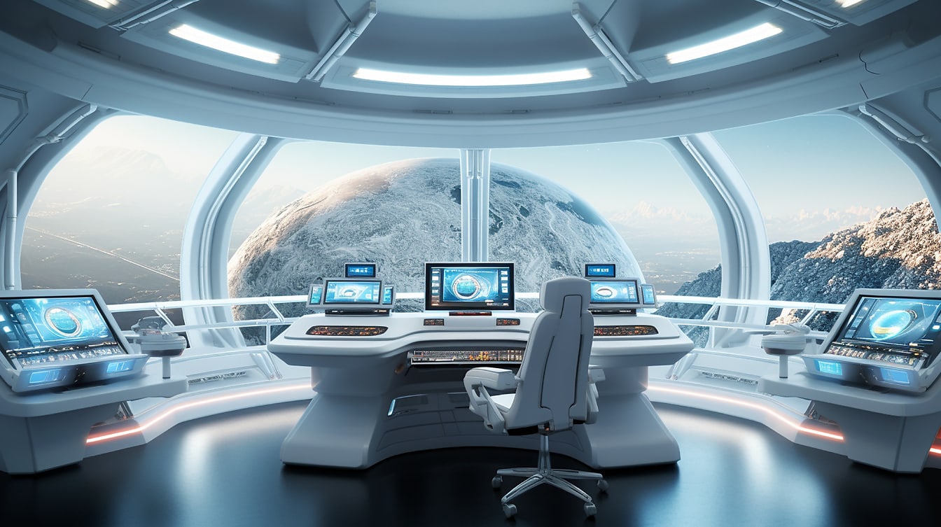 Fantasy interior of control room of space shuttle on unknown planet