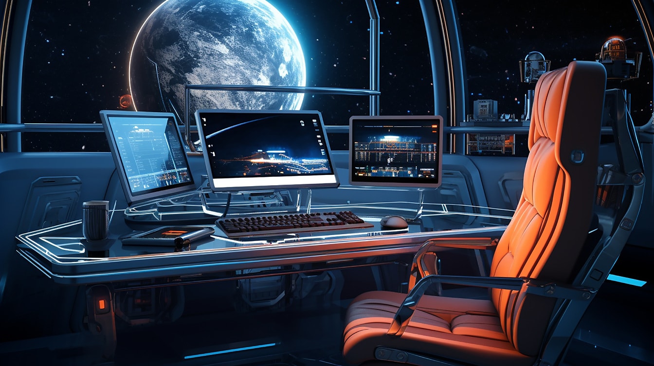Modern desk with personal computer in spacecraft