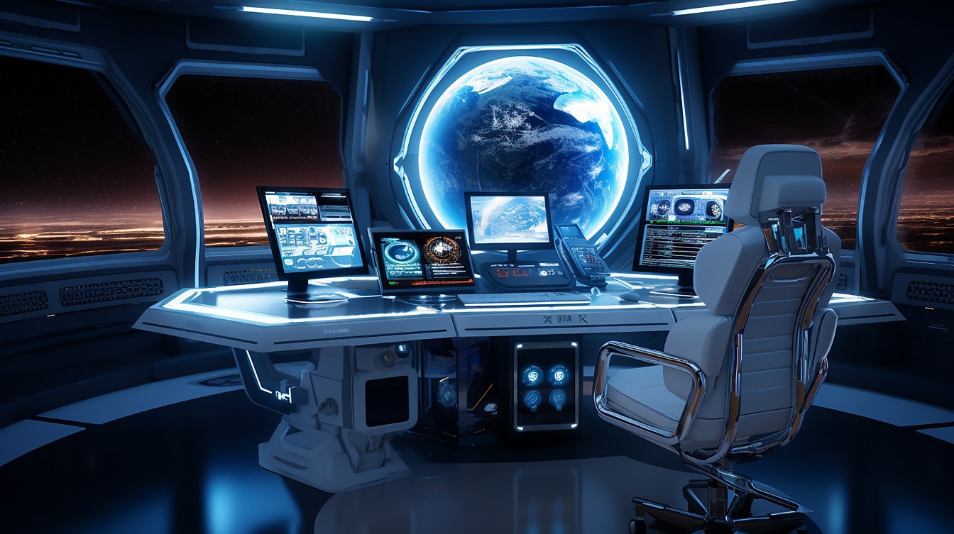 Futuristic interior of control room with computers in spacecraft