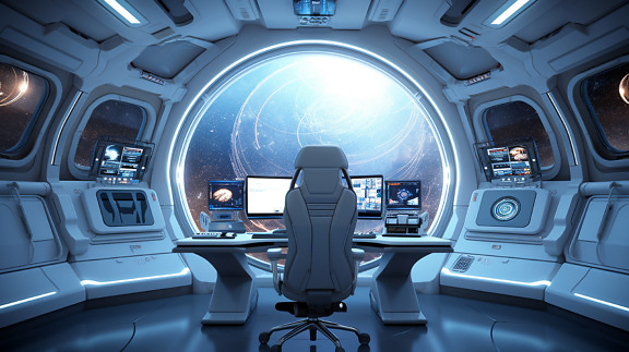 Futuristic cockpit with personal computer with armchair in space shuttle