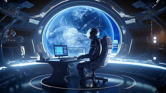 Cosmonaut in futuristic interior of spacecraft working with personal computer
