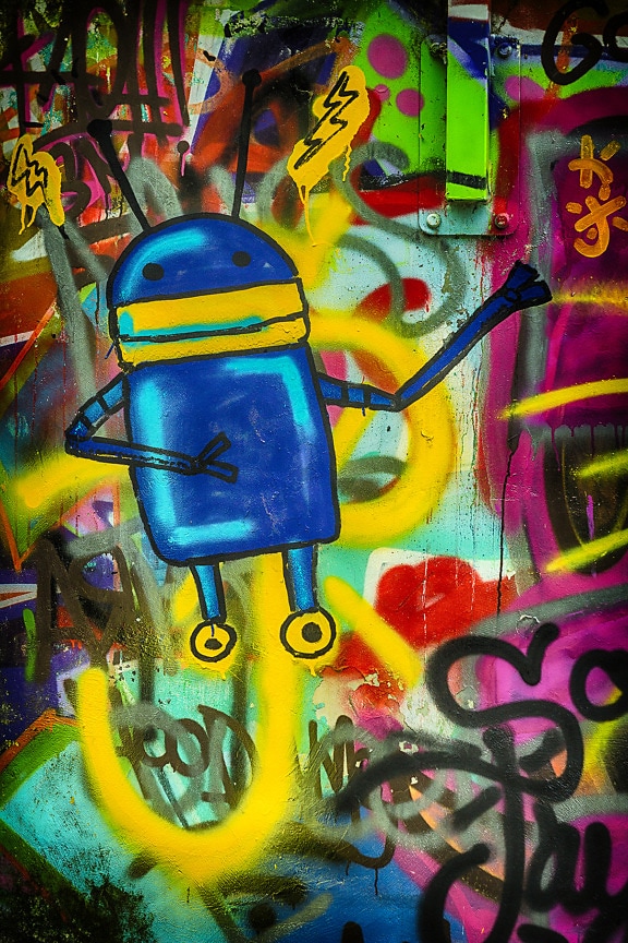 Donkerblauwe androïde robot kleurrijke graffiti