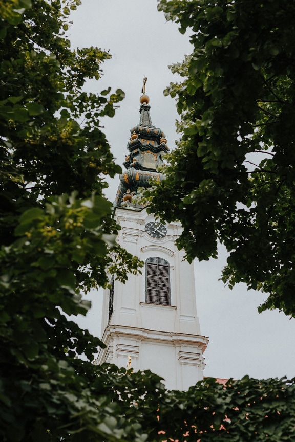 White orthodox church tower among trees