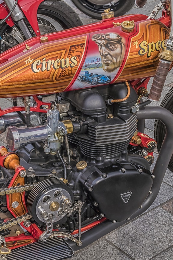 Motorcycle engine close-up “The circus of speed”