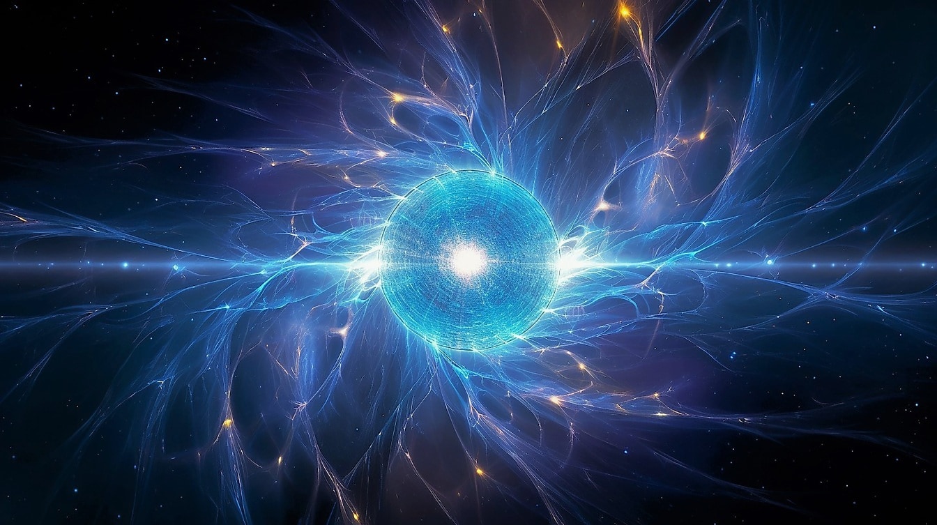 Illustrazione dell’esplosione di energia atomica a luce blu brillante