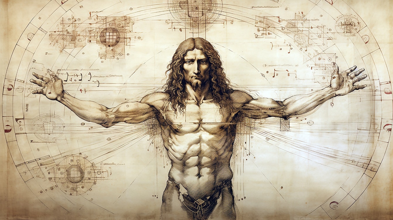 Keskiaikainen vanhan tyylin luonnos ihmisen kehon piirustuksesta