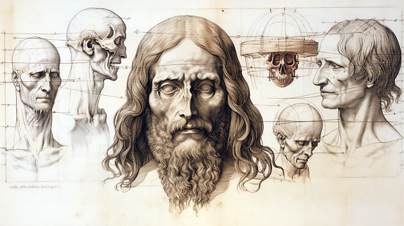 tête, crâne, humaine, Anatomie, croquis, style ancien, illustration