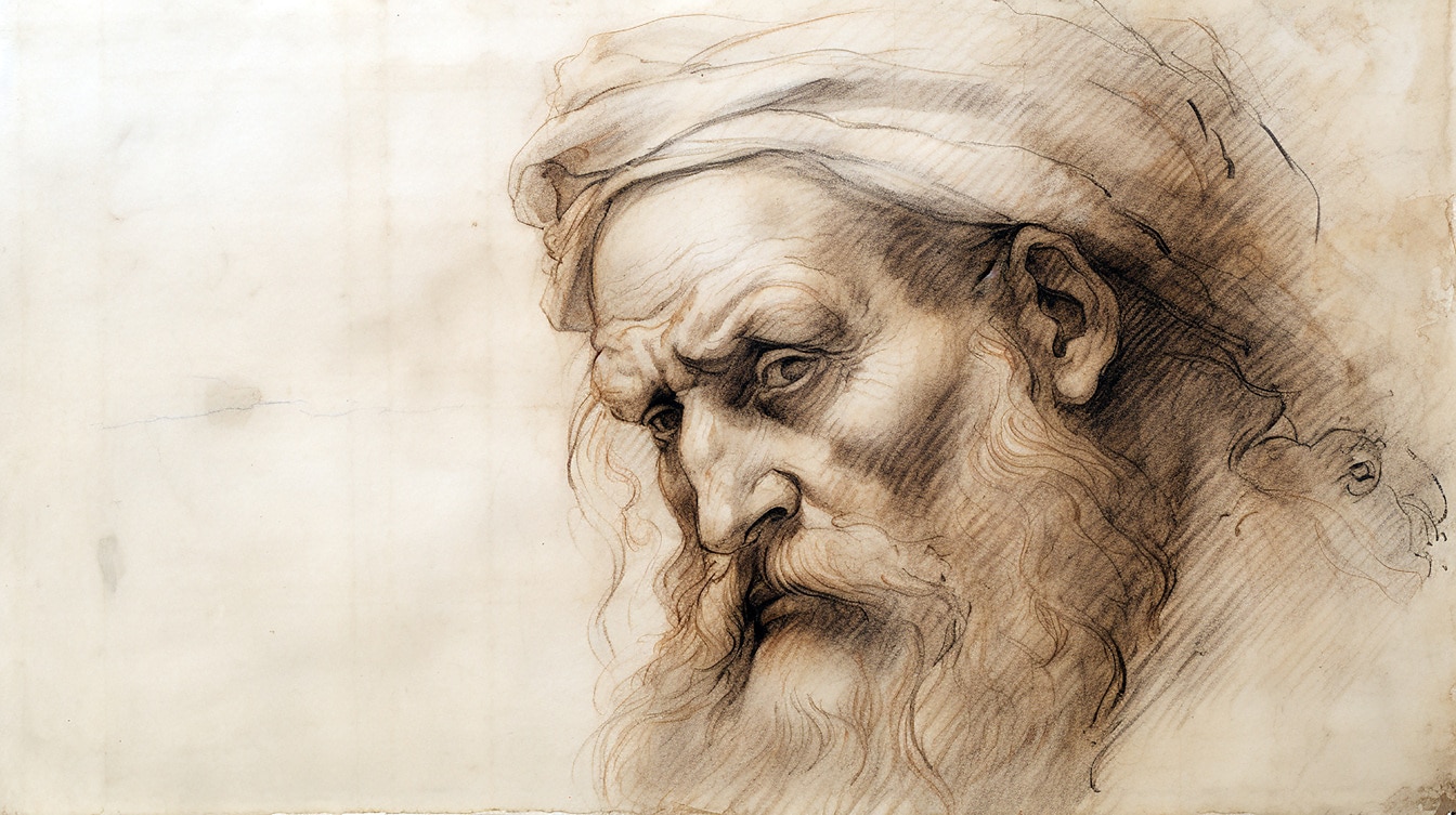 Portret sepia de artă liniară a bătrânului cu barbă, schiță de desen