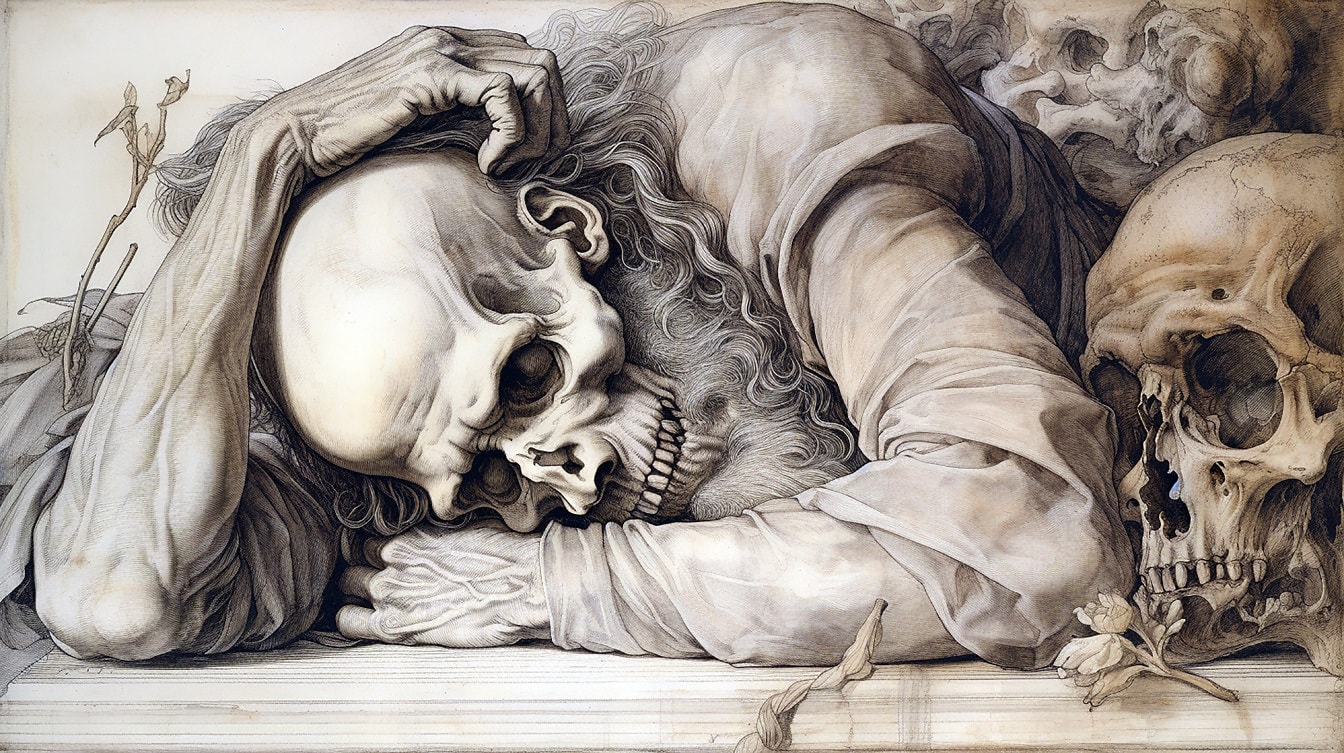 Ilustração do esboço do horror do homem com o crânio