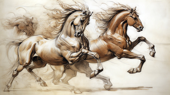 Skitseillustration af heste, der løber og tegner kunstværker
