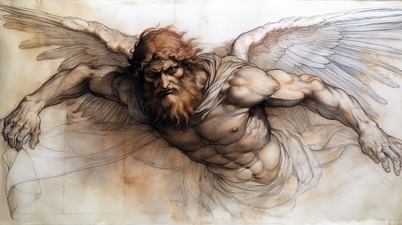 Greek mythology old man angel with wings fine art drawing