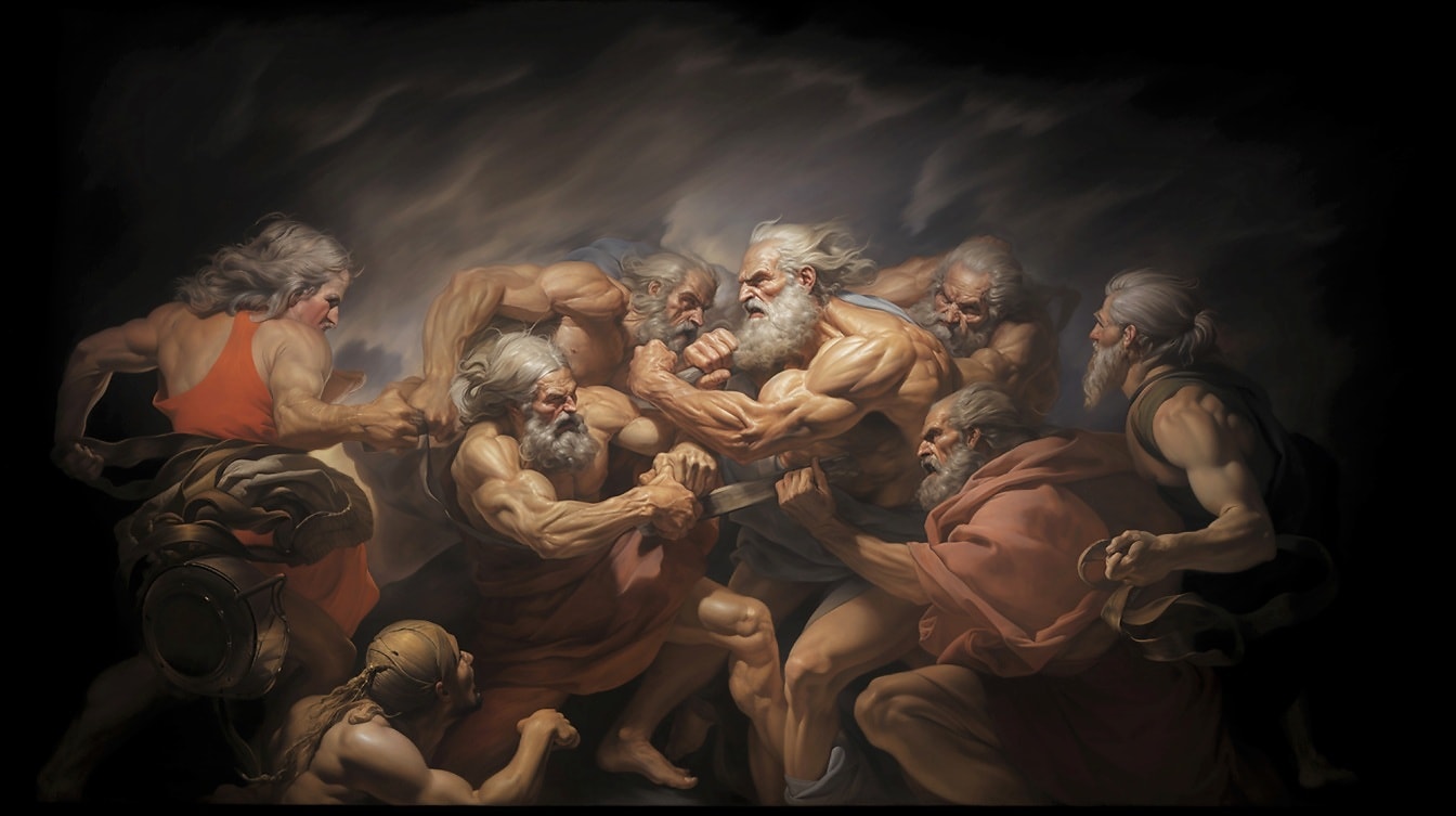 Ribellione della mitologia greca degli Dei in Cielo pittura d’arte