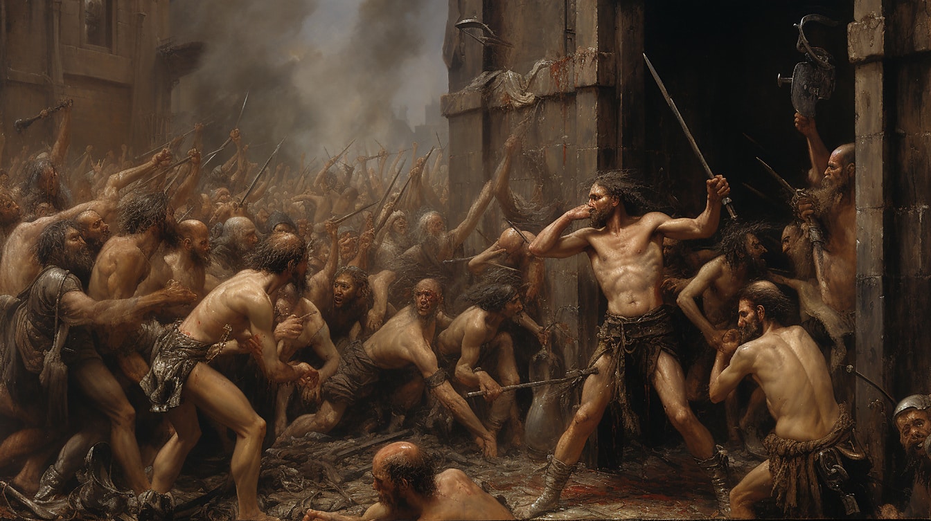 Гладиаторы сражаются в толпе в средневековом стиле изобразительного искусства
