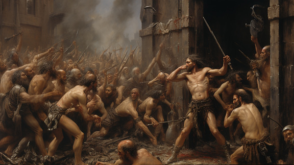 Gladiatorer som slåss mot konst i medeltida stil