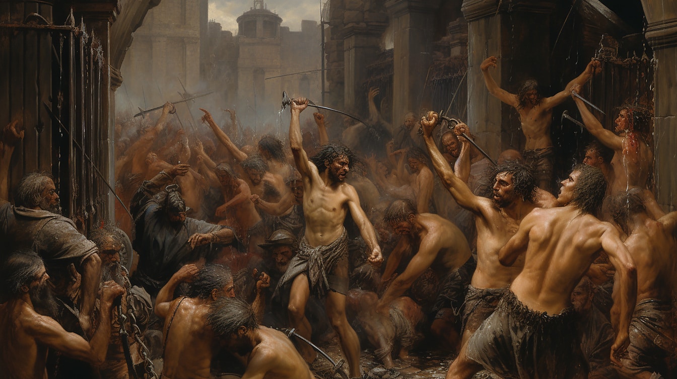 Folkmassa av gladiatorer som kämpar mot konst i medeltida stil