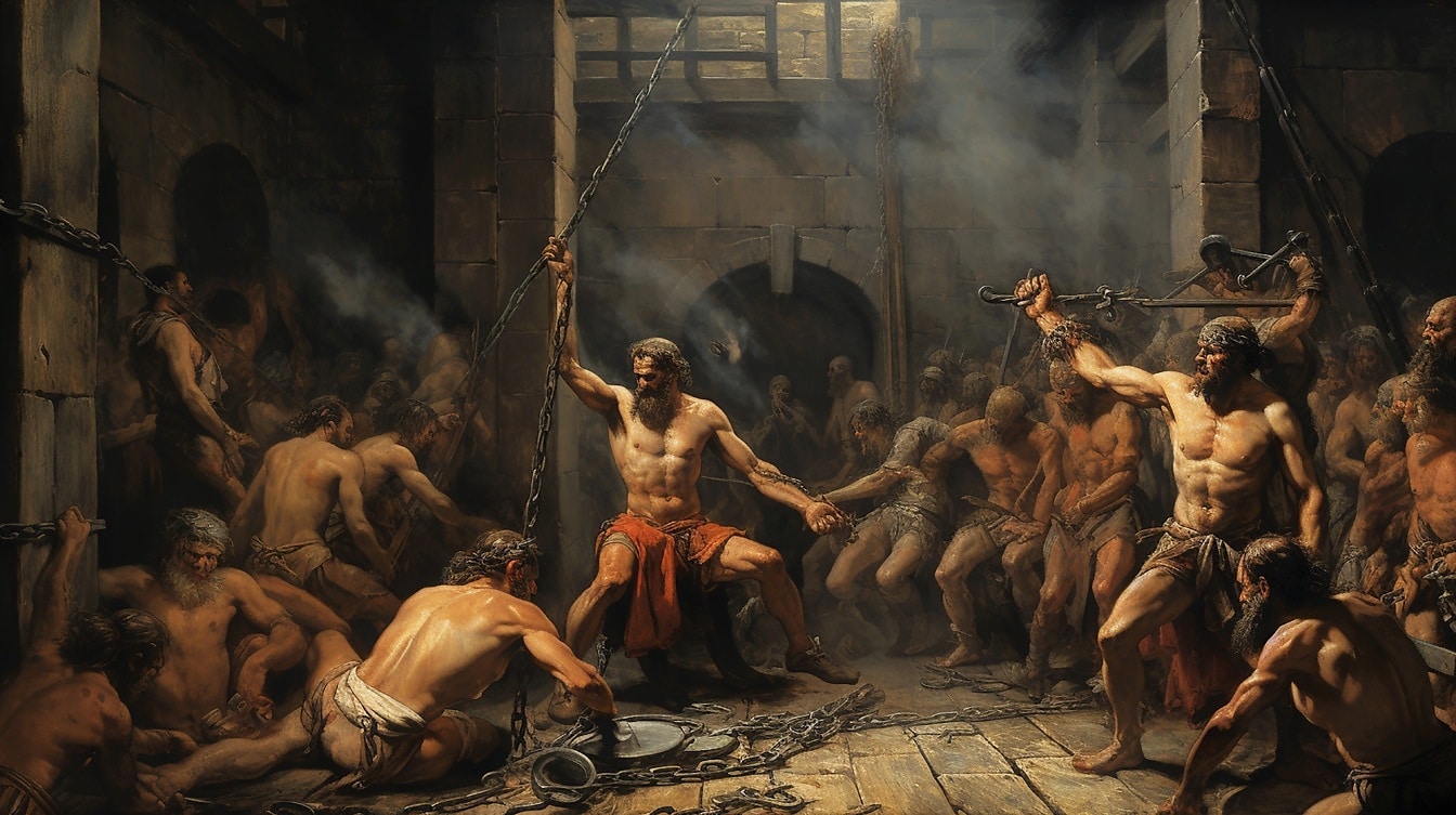 Grupo de hombres de la rebelión medieval que luchan contra la pintura de bellas artes