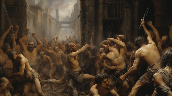 Gladiátorské povstanie davová bitka stredoveký štýl výtvarné umenie
