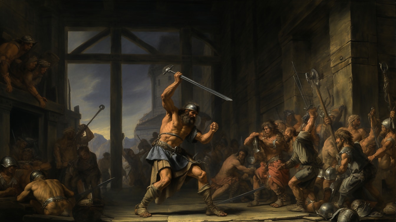 Gladiator dengan pemberontakan pedang dari kerumunan lukisan seni rupa