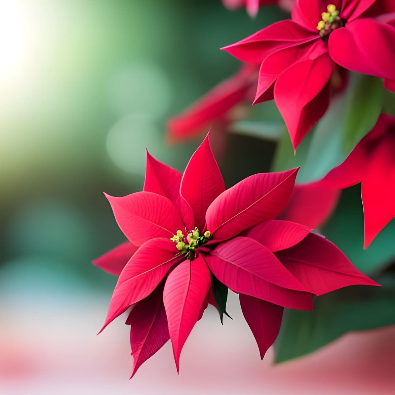 Stelle di Natale (Euphorbia pulcherrima) petali rosso scuro – arte dell’intelligenza artificiale