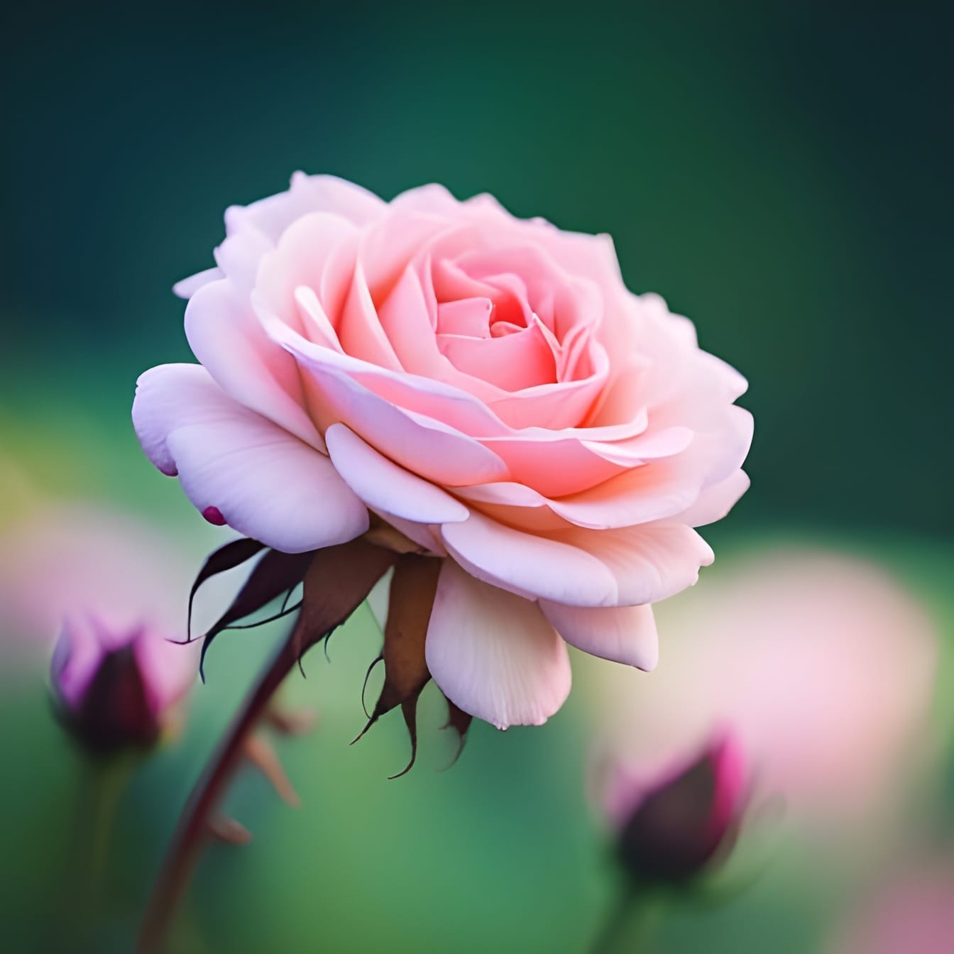 Yksi vaaleanpunainen ruusu kirkkaan vaaleanpunaisilla terälehdillä – tekoälytaidetta