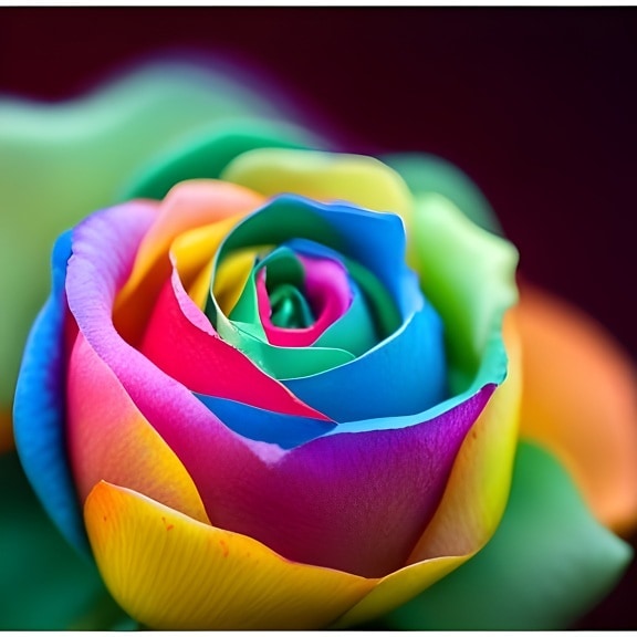 Duhové zbarvení okvětních lístků poupě růže zblízka – umění umělé inteligence