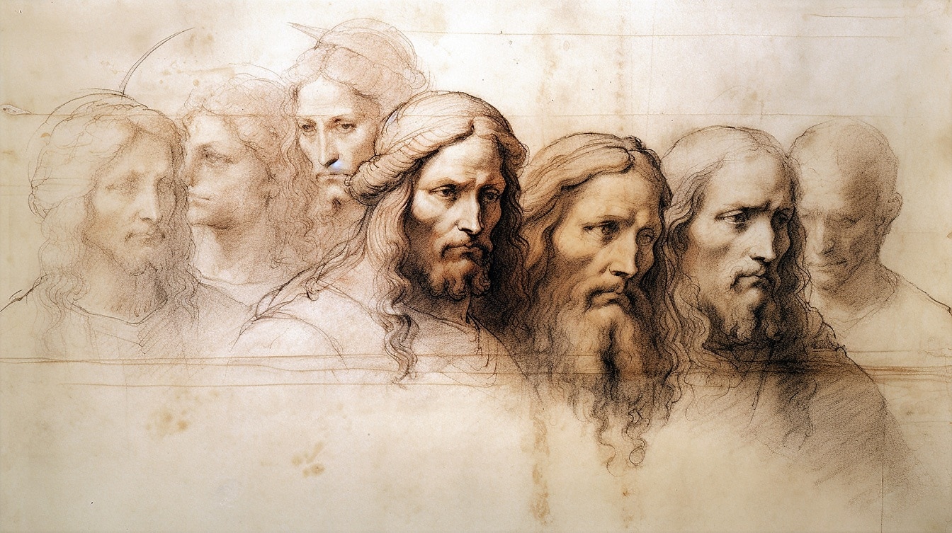 Středověký starý styl skica skupinový portrét lidí