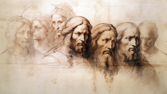 srednjovjekovno, skica, stari stil, grupa, portret, ljudi, crtanje