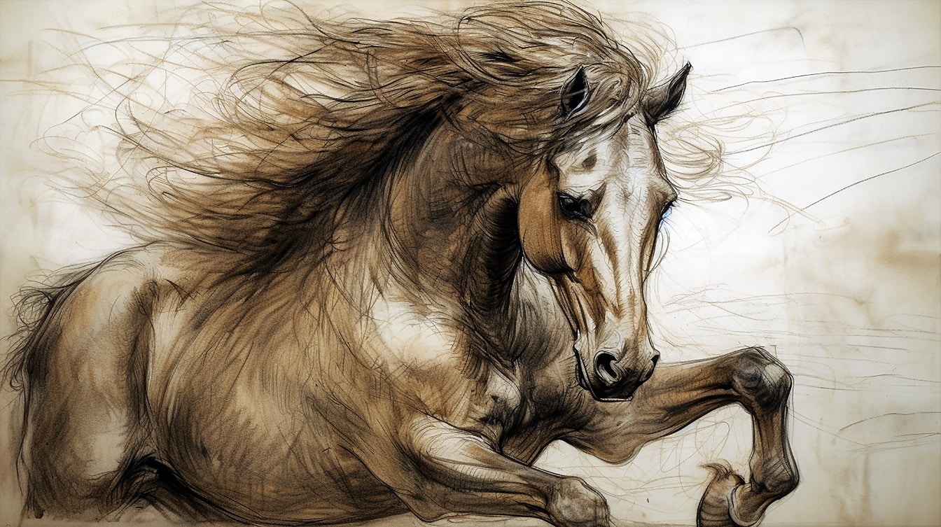 Světle hnědá kresba náčrtu běhu koní