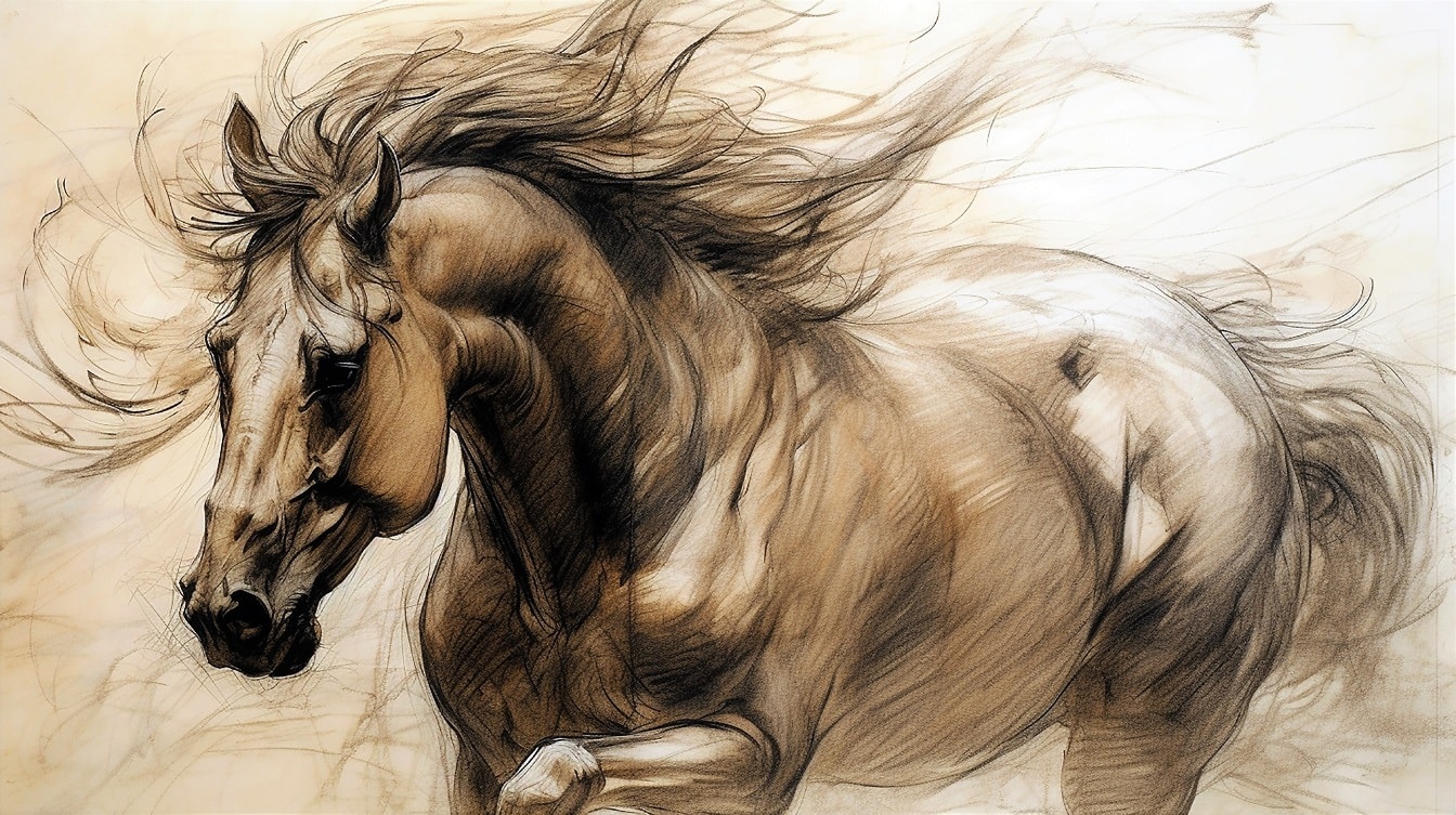 Majestátny výtvarný náčrt kresby koňa žrebca