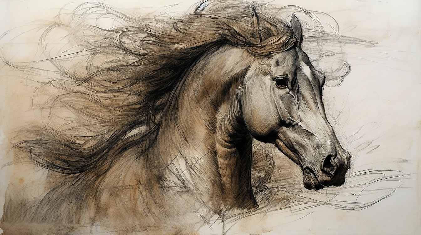 Sketsa karya seni garis kepala kuda jantan ilustrasi hitam putih
