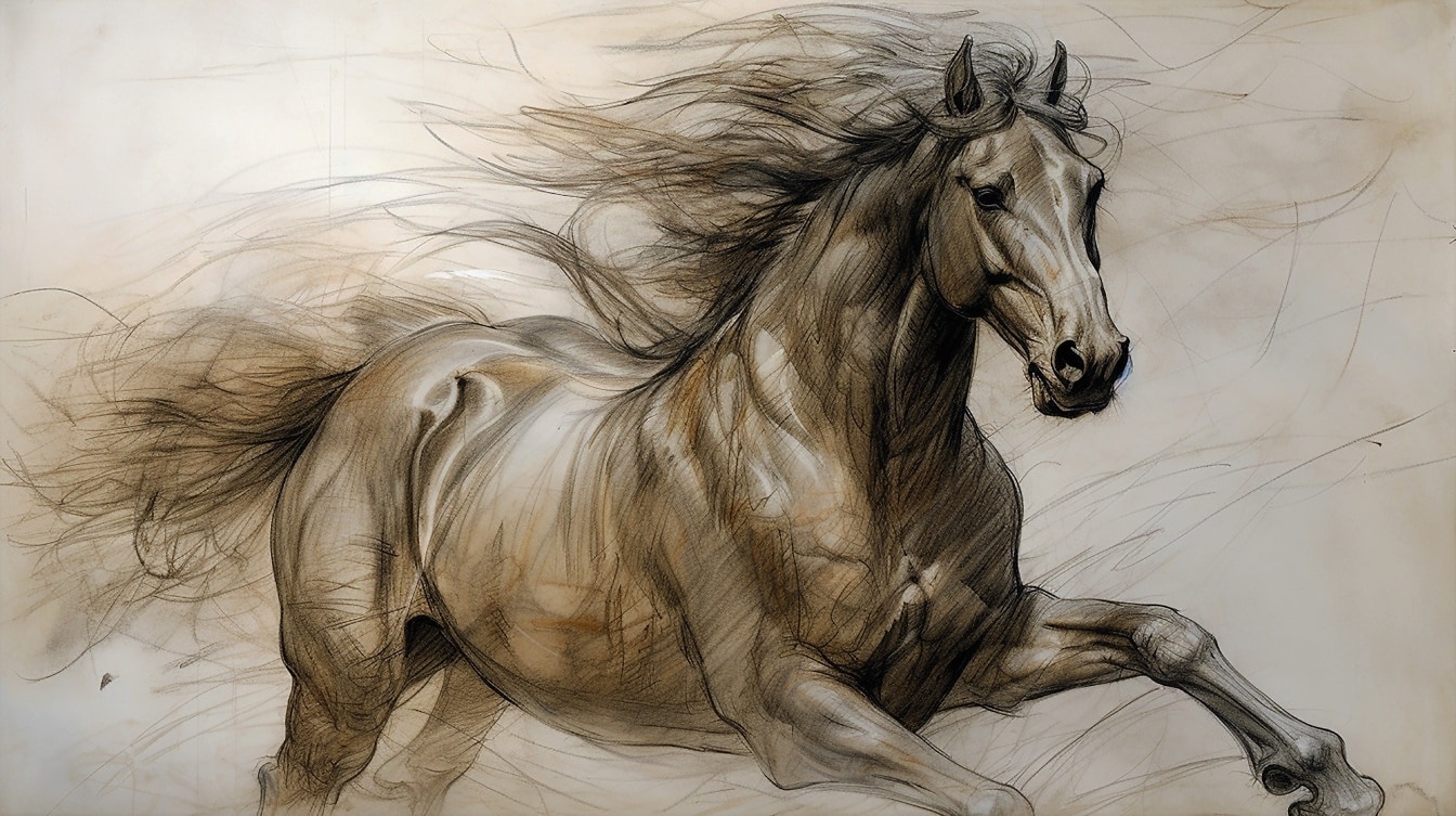 Aygır atı resminin açık kahverengi eskiz çizimi