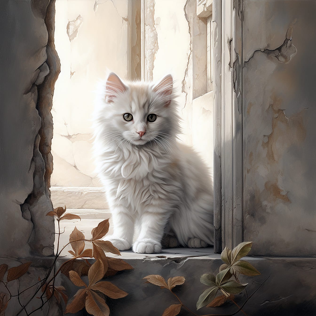 Nydelig grå kattunge som sitter i forfallsrom og illustrasjon