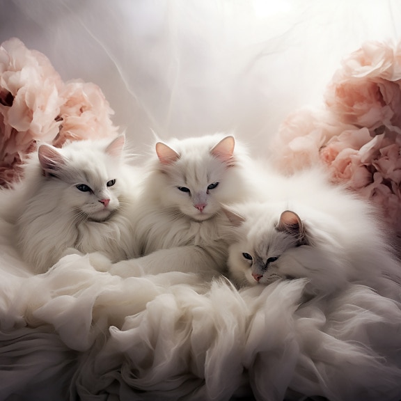 Three furry white domestic cats photography studio