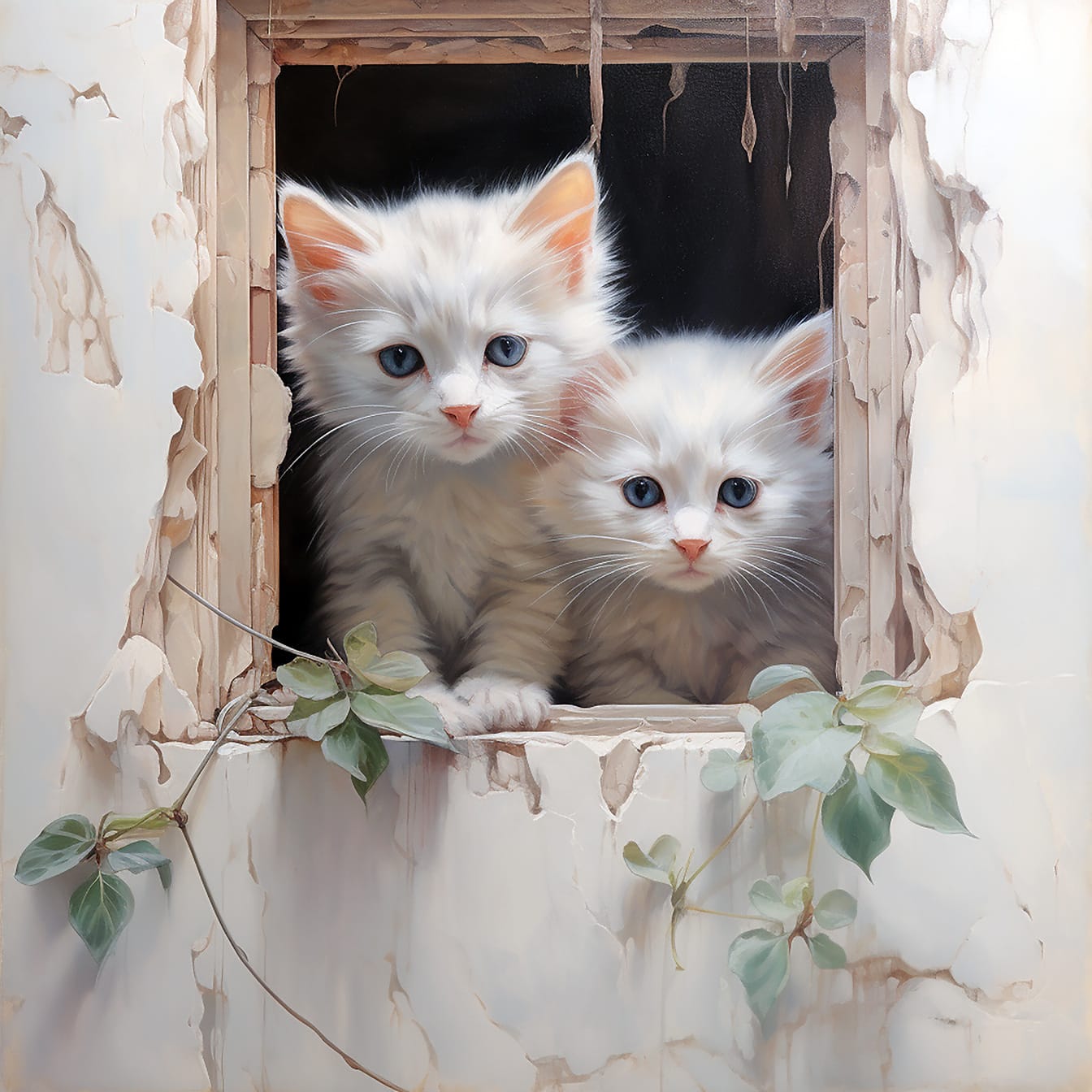 Очарователни котенца със сини очи на гниещ прозорец