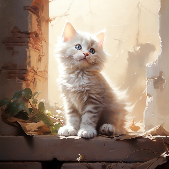 Adorable furry beige kitten sitting in decay room