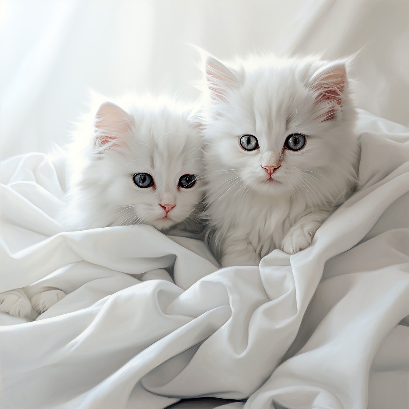 Adorables chatons à fourrure dans la photographie de studio de toile de soie blanche